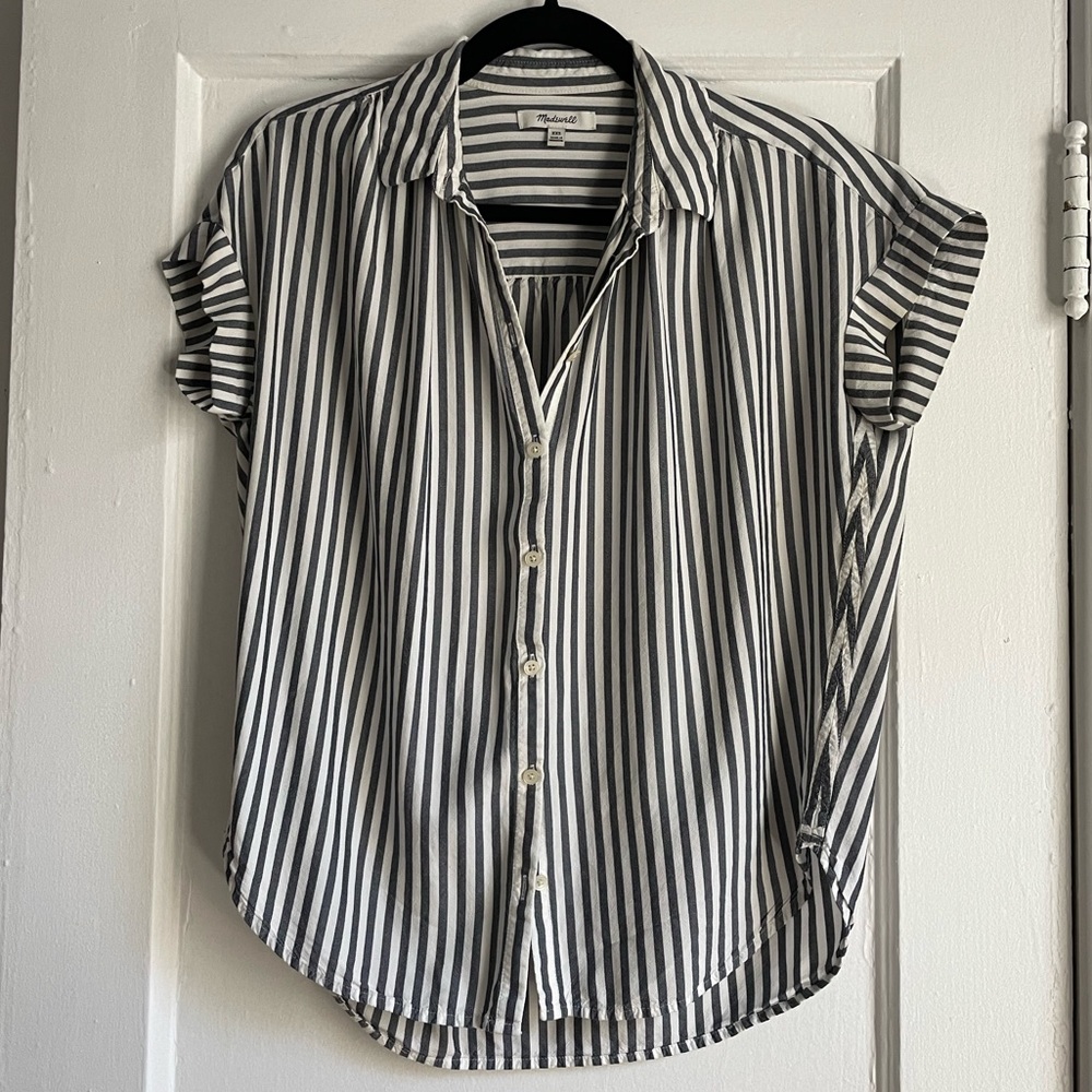 Blue-Grey and White Striped Madewell Blouse